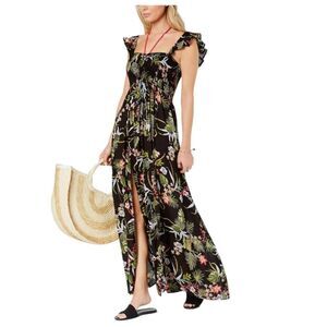 Raviya Floral Smocked Maxi Dress Black Tropical Print Ruffle Strap Size L NWT